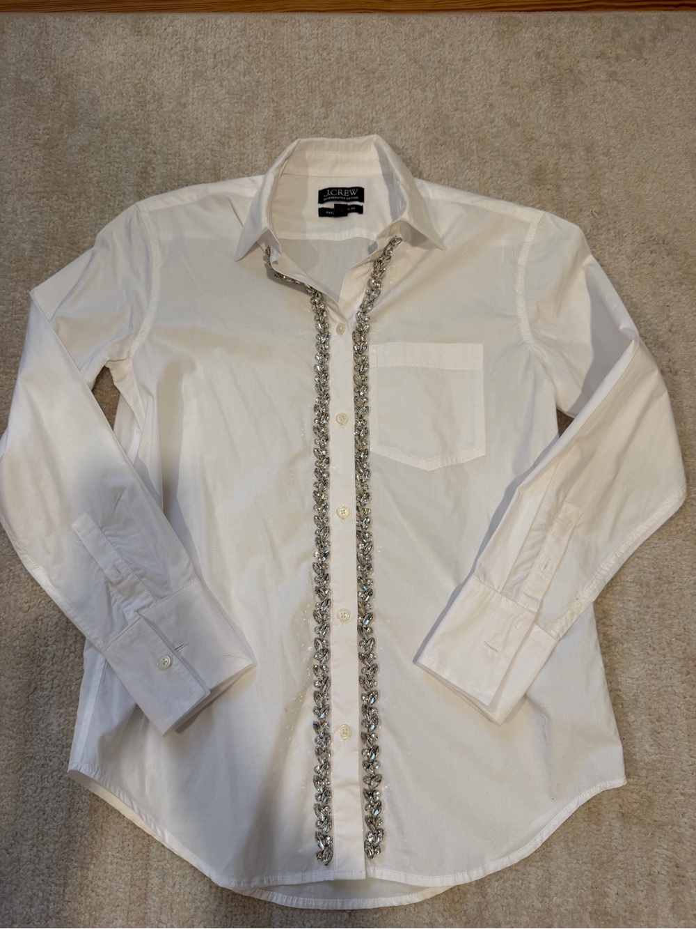 J. Crew White Button-Down Shirt with Gorgeous Clear Stone Beaded Trim